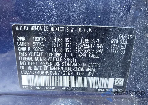 2016 Honda Hr-V Ex z USA, uszkodzony, nr VIN 3CZRU6H50GM743869